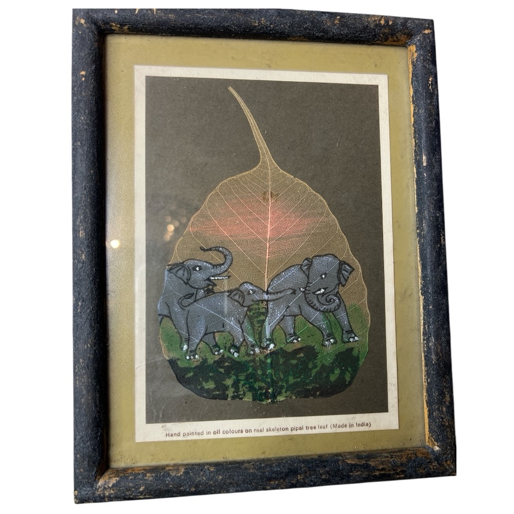 Peepal Leaf Elephant Art Fram Wall Decor Hand Painted Vintage